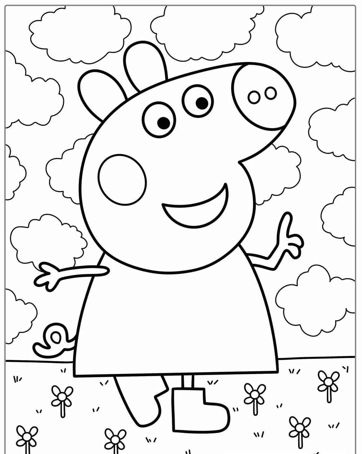 Peppa Pig Smiling in a Flower Field Coloring Page