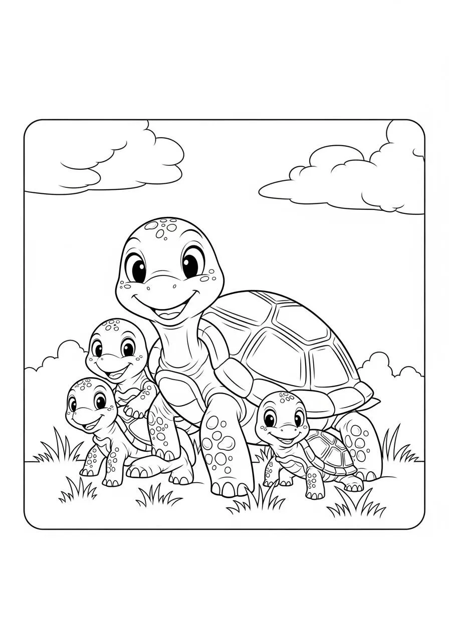 Desenho de Tartaruga e Seus Filhotes para Colorir