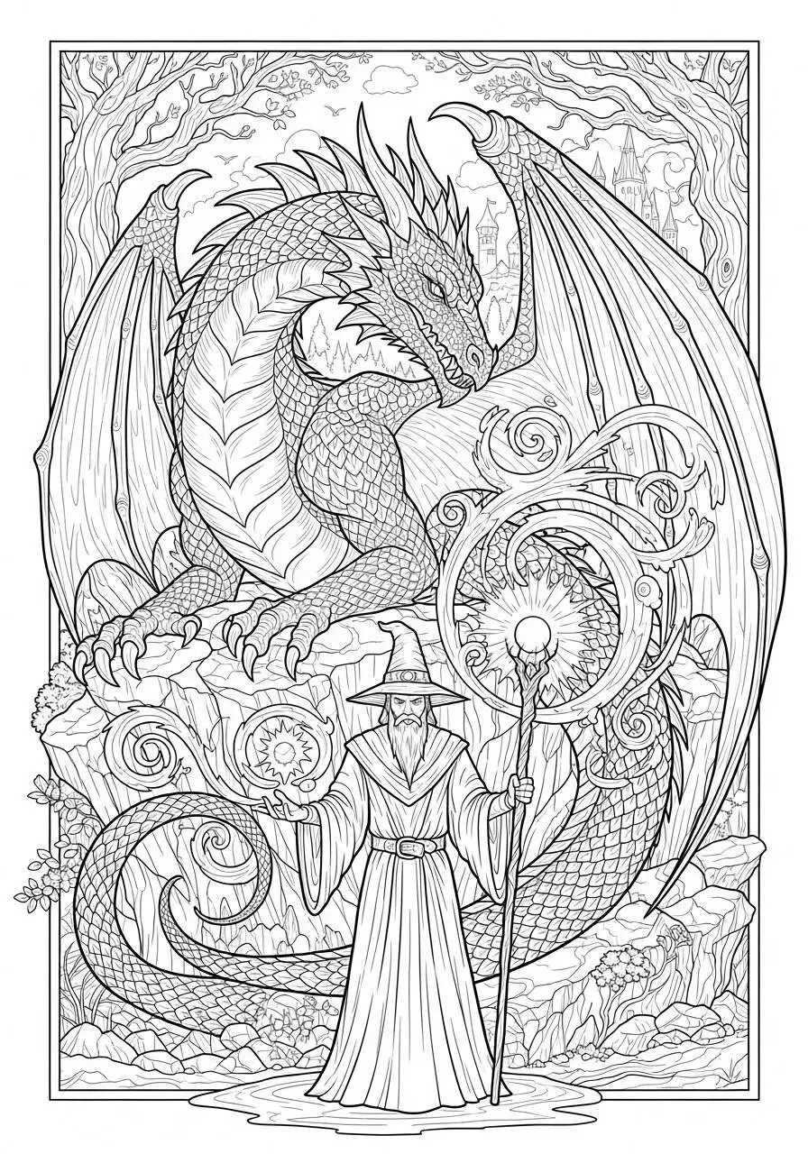 Desenho de Dragão Majestoso com Mago e Bastão Mágico para Colorir