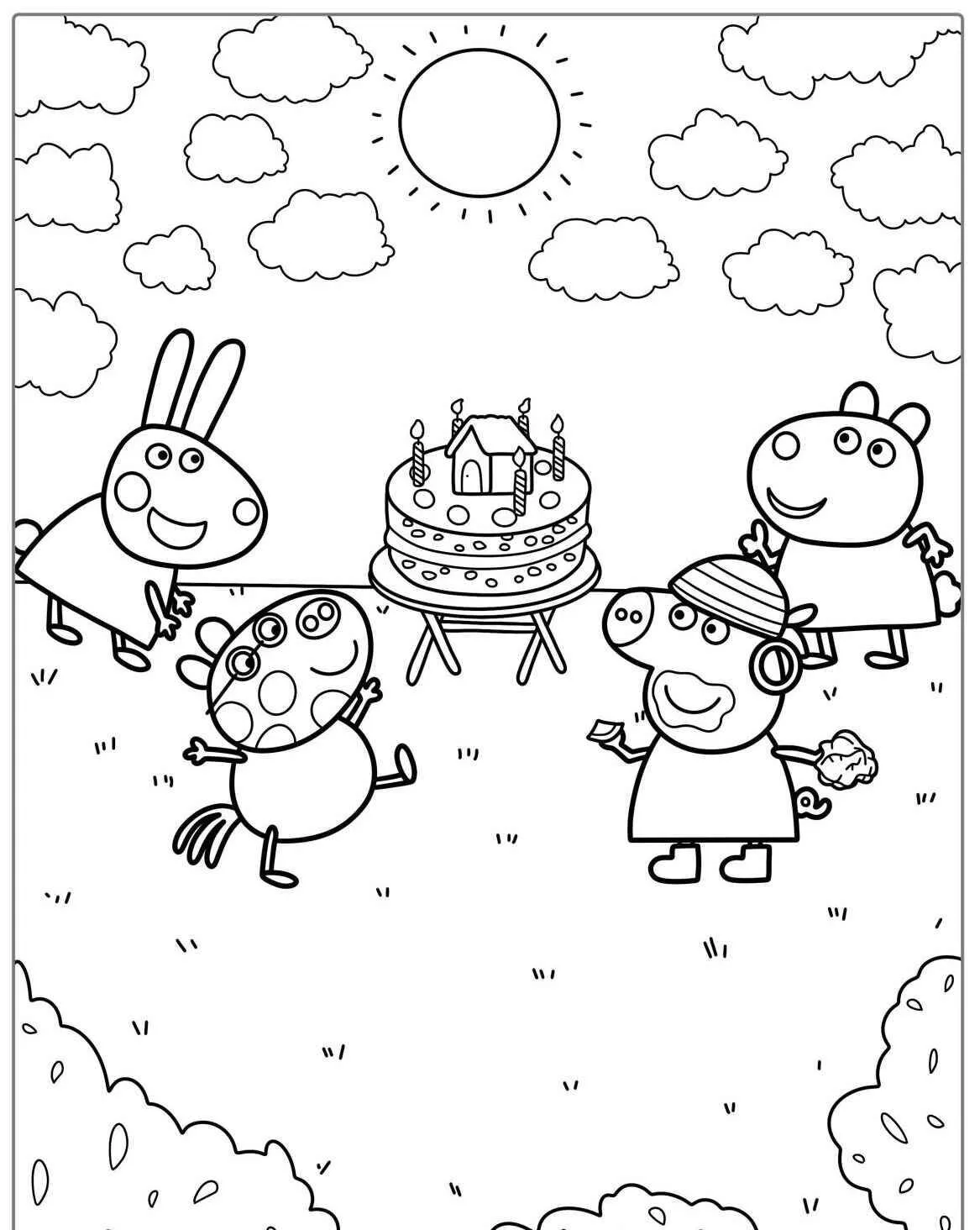Desenho de Peppa Pig Celebrando Aniversário com Amigos para Colorir
