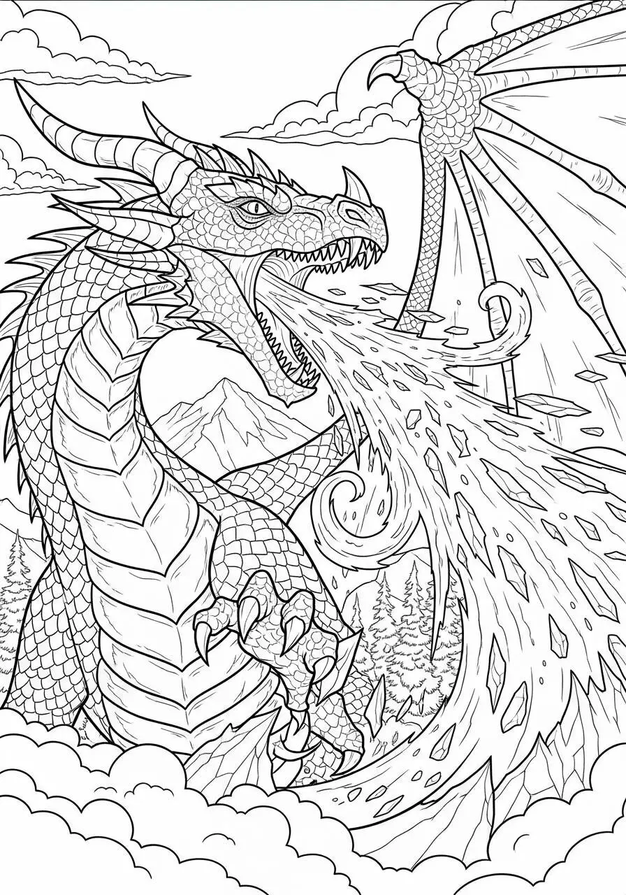 Desenho de Dragão a Cuspir Fogo com Asas Abertas para Colorir