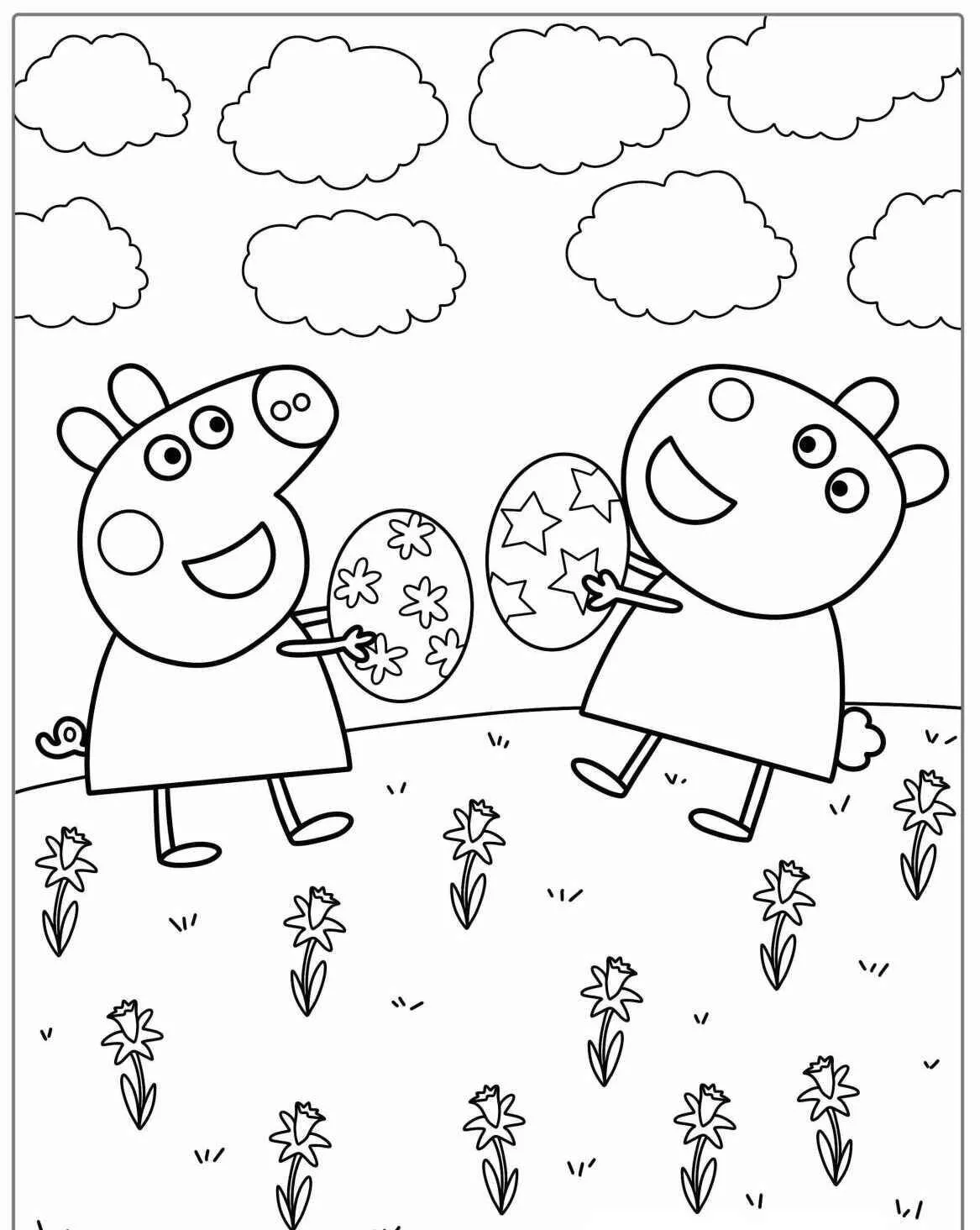 Peppa Pig and George Painting Easter Eggs Coloring Page