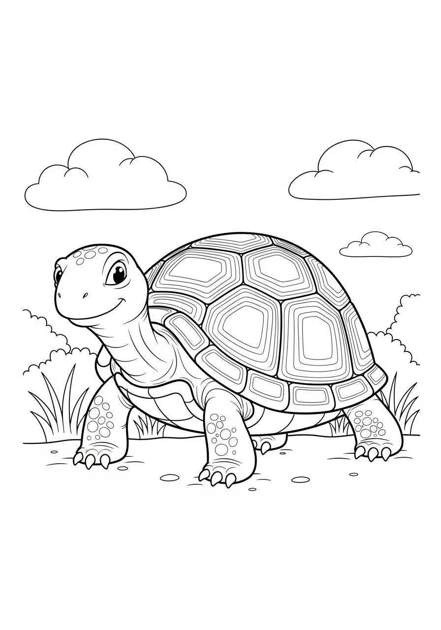 Desenho de Tartaruga Sorridente em um Campo para Colorir