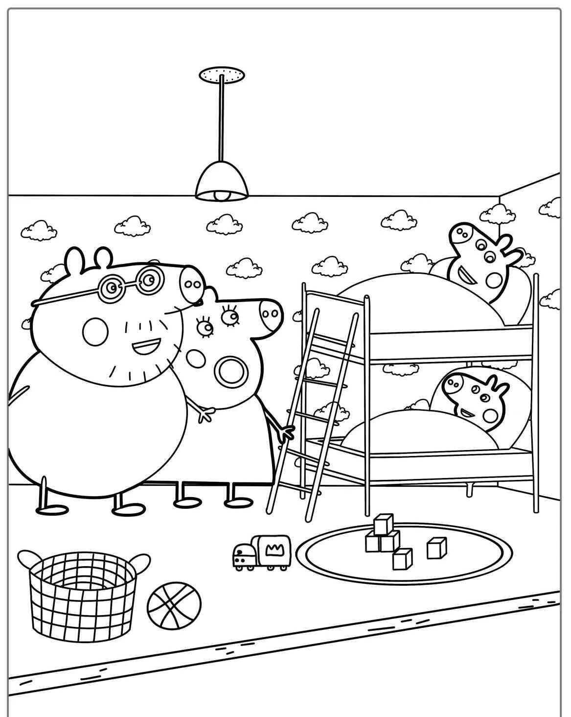 Peppa Pig and Family at Bedtime Coloring Page
