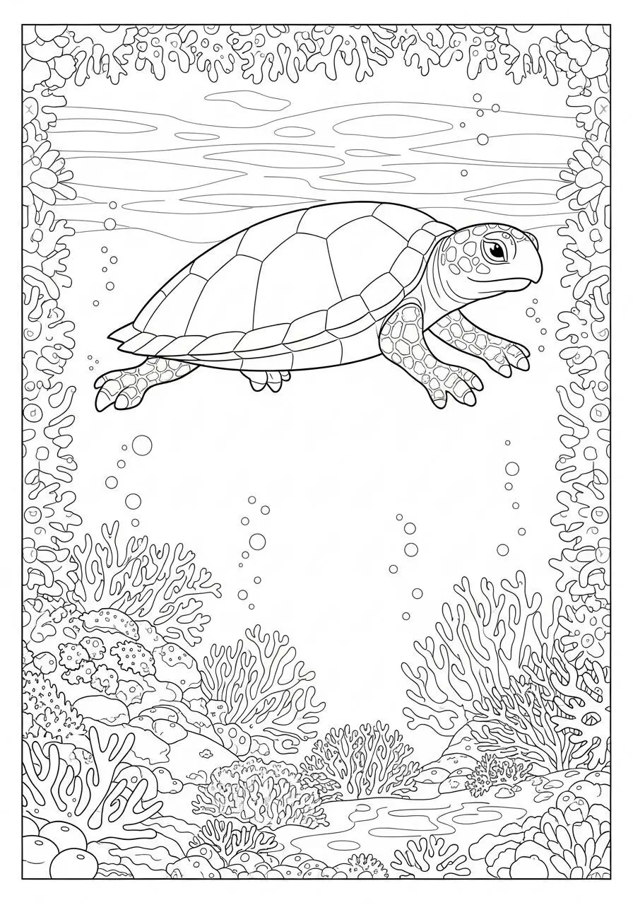 Desenho de Tartaruga Marinha a Nadar entre Corais para Colorir