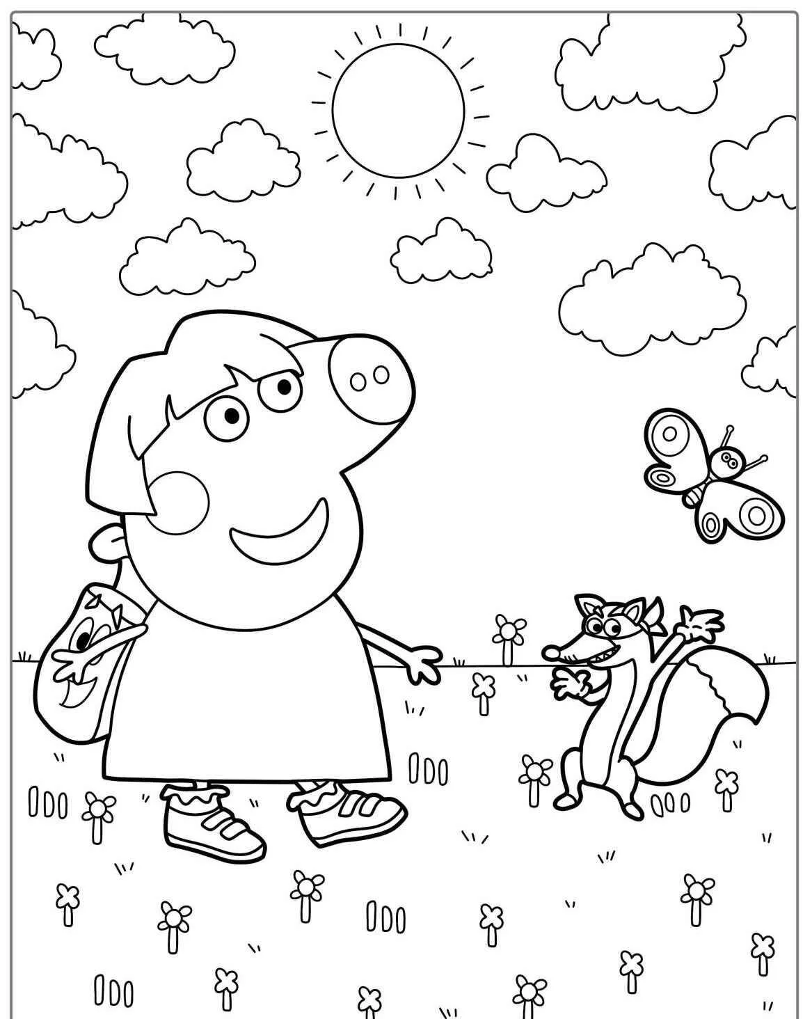 Desenho de Peppa Pig com o Esquilo e Borboleta para Colorir