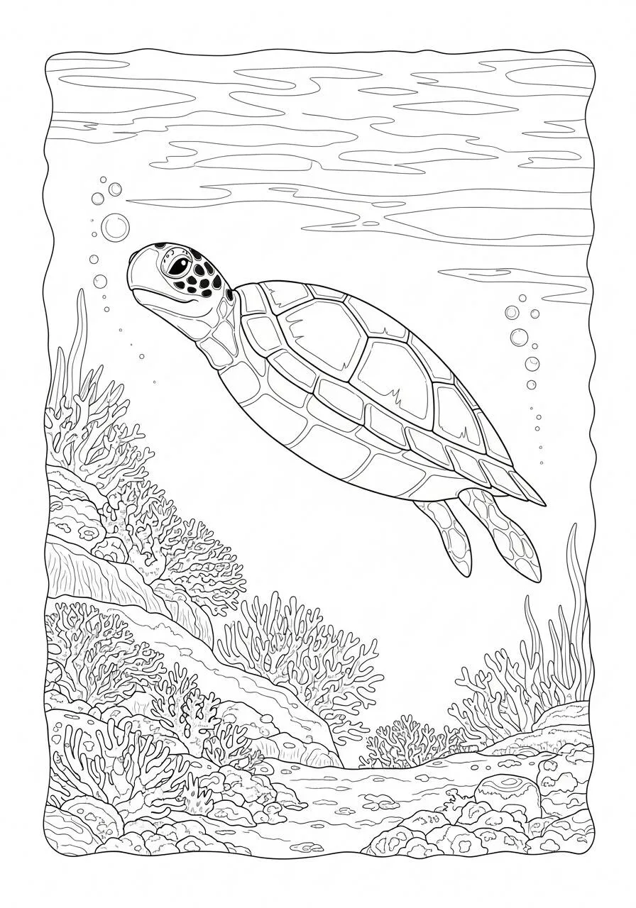 Desenho de Tartaruga Marinha a Nadar em um Recife de Coral para Colorir