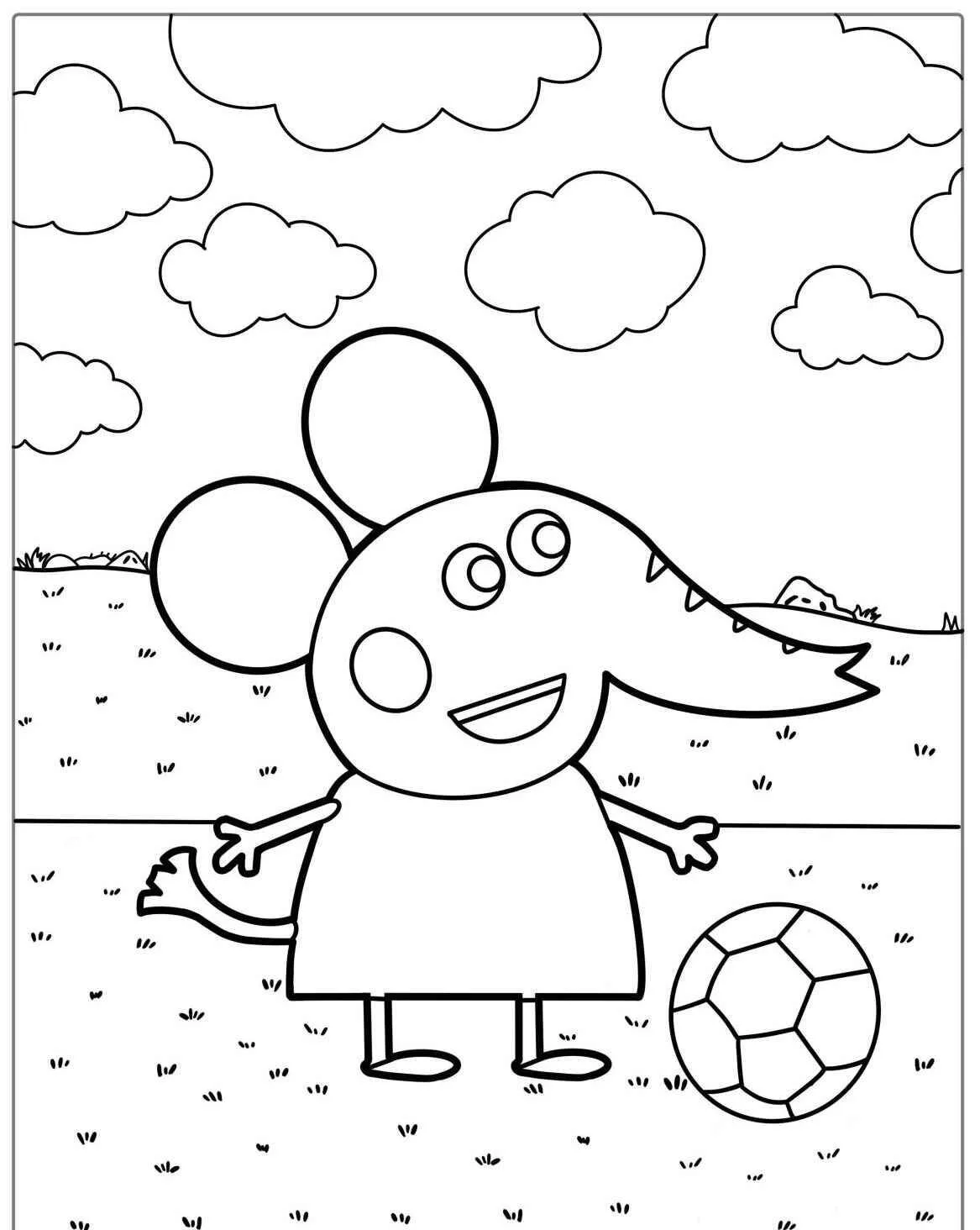 Desenho de Peppa Pig com o Amigo Elefante Jogando Futebol para Colorir