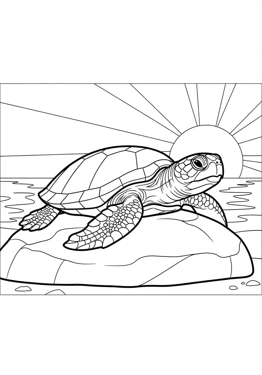 Desenho de Tartaruga a Tomar Sol na Pedra para Colorir