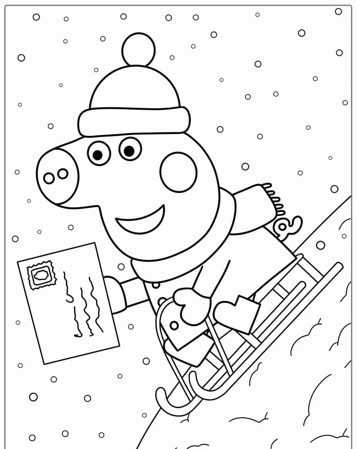 Desenho de Peppa Pig a Descer a Ladeira com Cartinha para Colorir