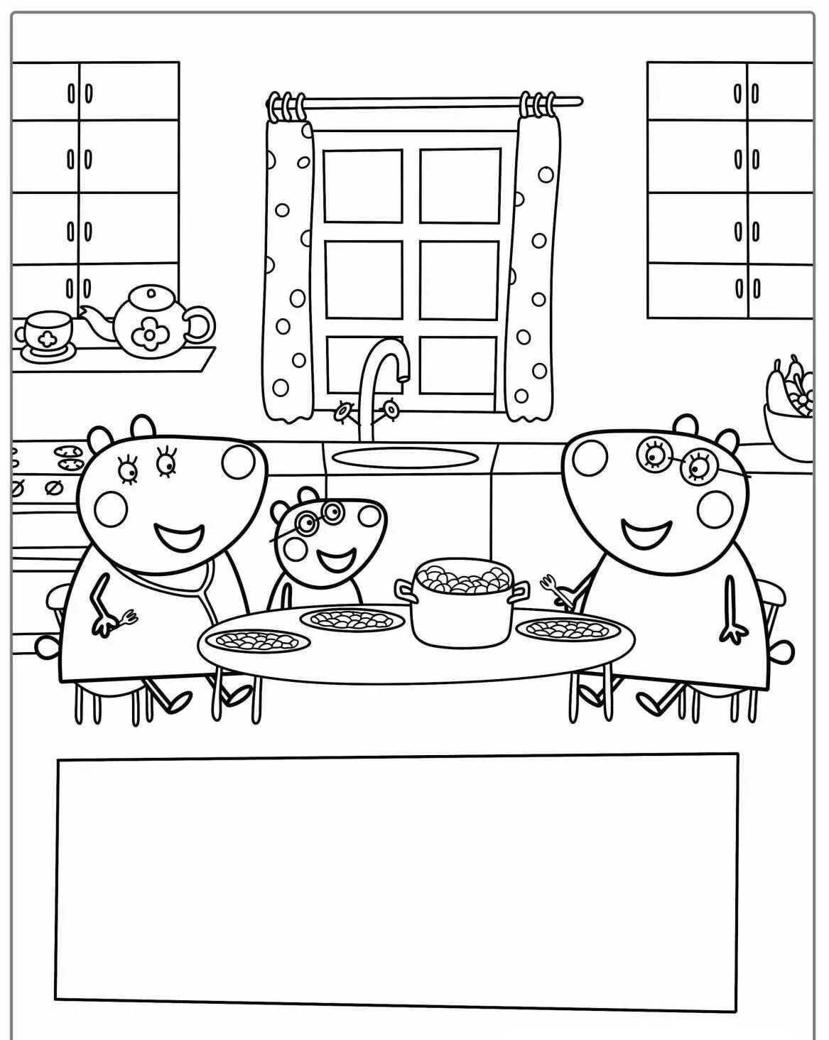 Desenho de Peppa Pig na Cozinha com a Família para Colorir