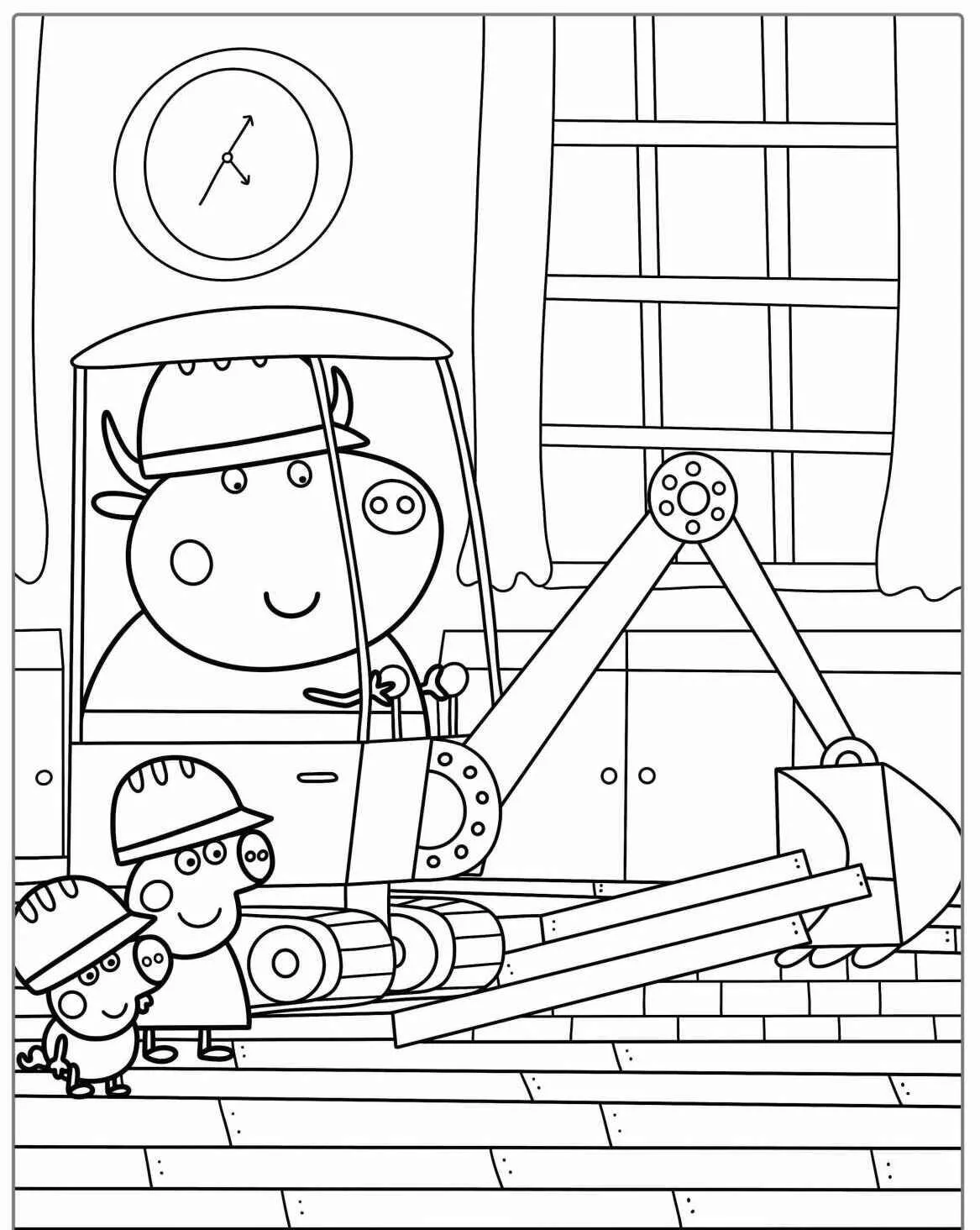 Desenho de Peppa Pig a Brincar com a Escavadora para Colorir