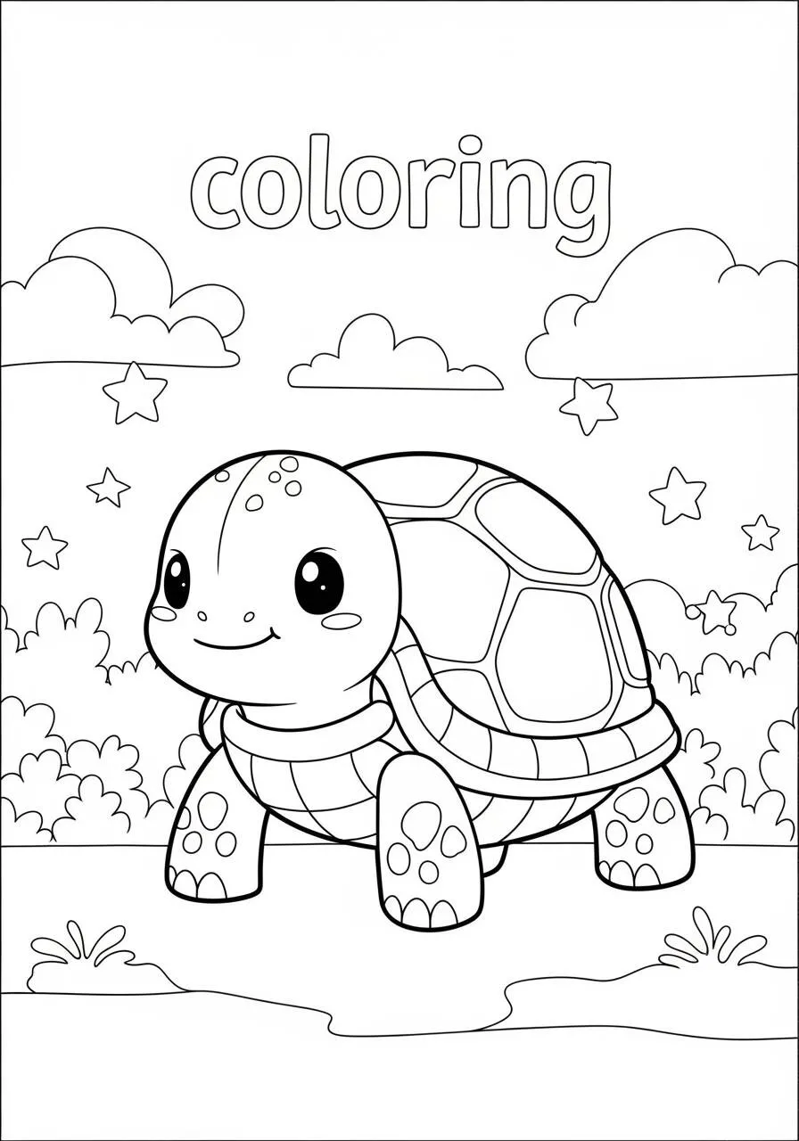 Desenho de Tartaruga Fofa em um Cenário de Estrelas para Colorir