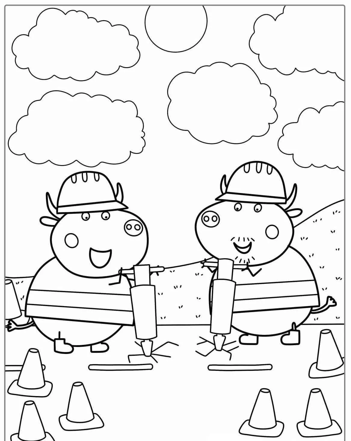 Desenho de Peppa Pig e George a Brincar de Construtores para Colorir