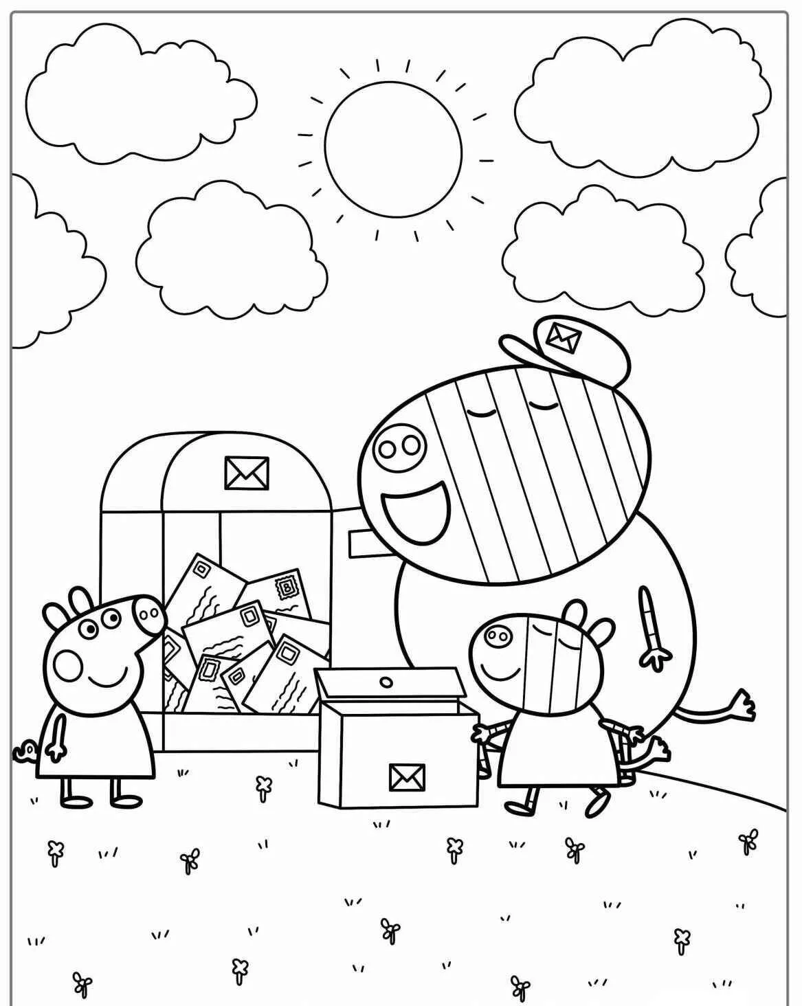 Desenho de Peppa Pig e o Correio para Colorir