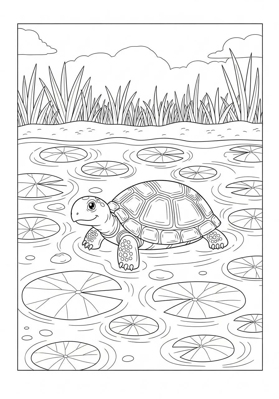 Página para colorear de tortuga en el estanque con lirios