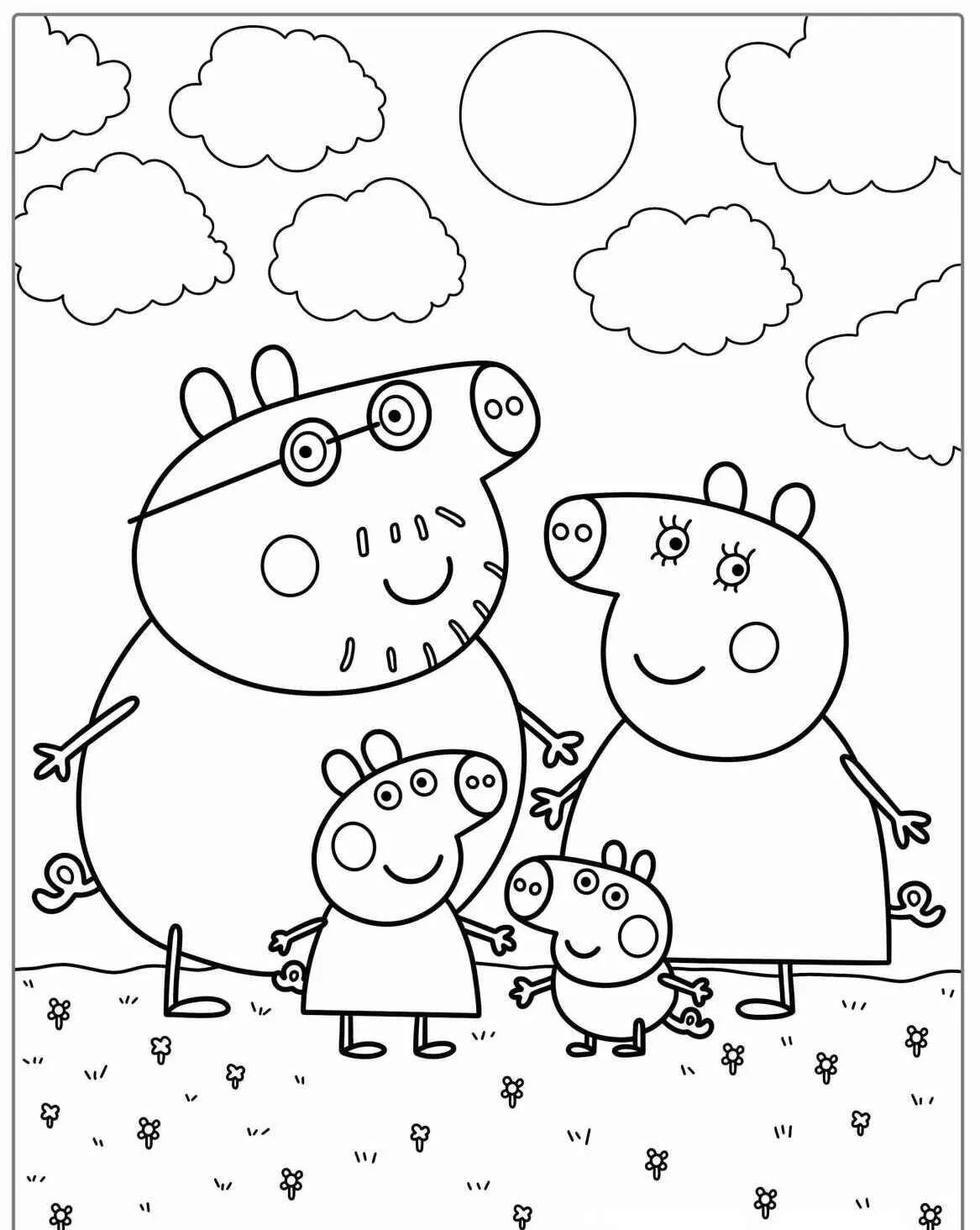 Desenho de Peppa Pig com a Família para Colorir