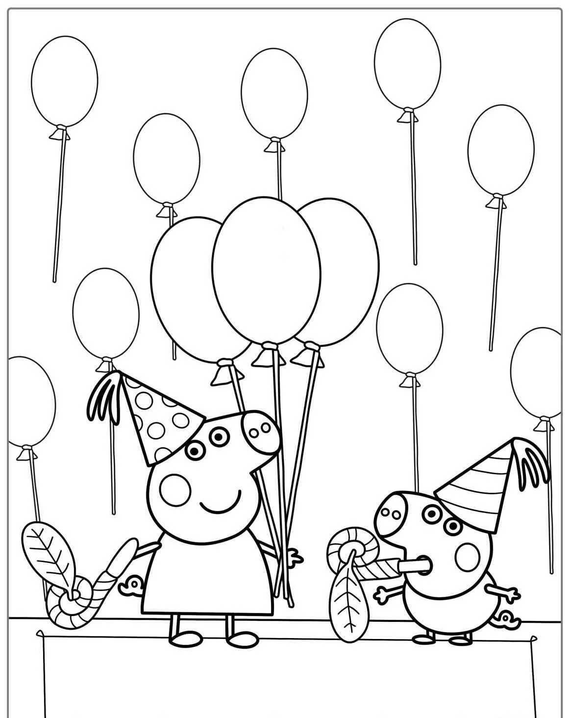Desenho de Peppa Pig e George com Balões para Colorir