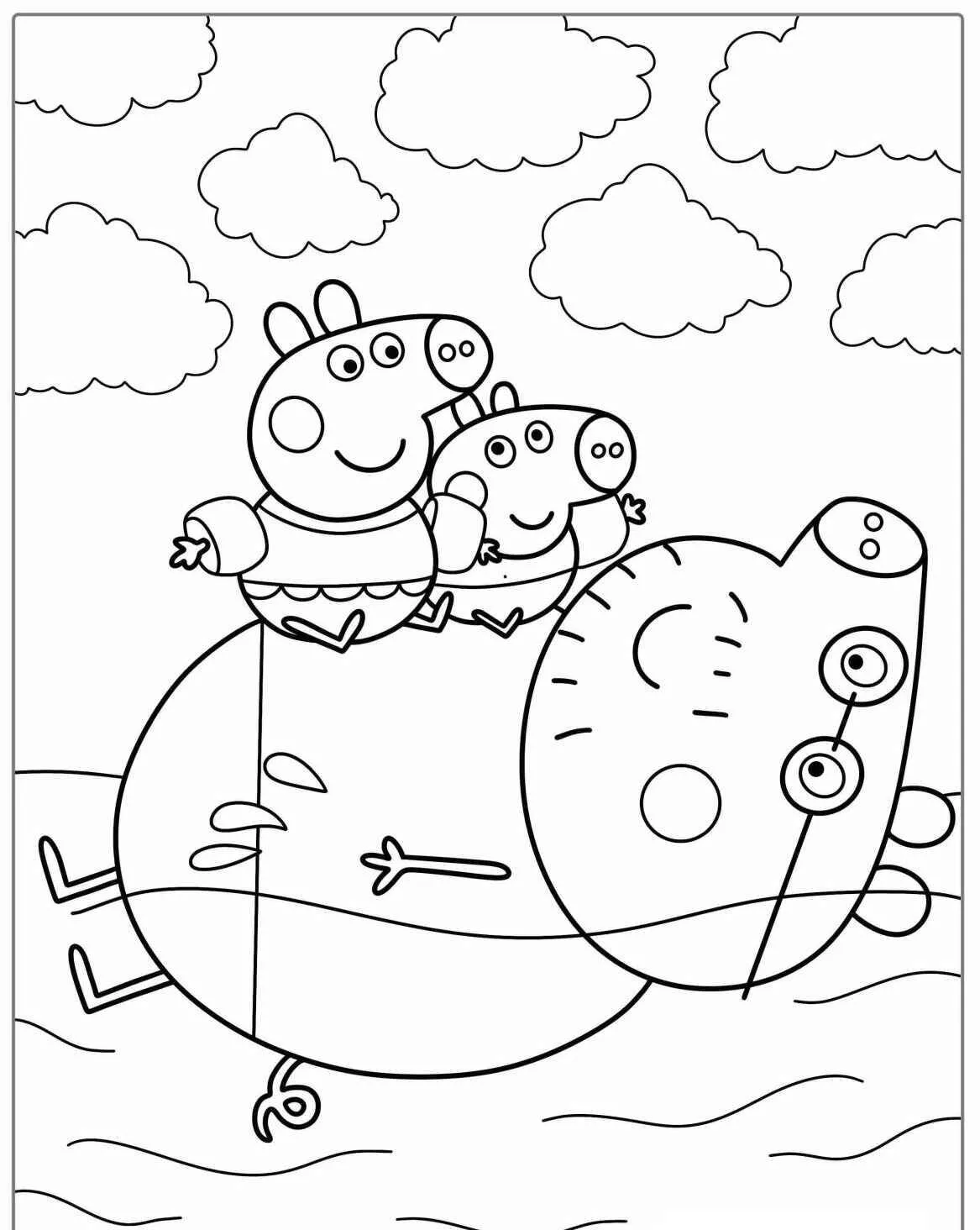 Desenho de Peppa Pig e George a Brincar na Água para Colorir