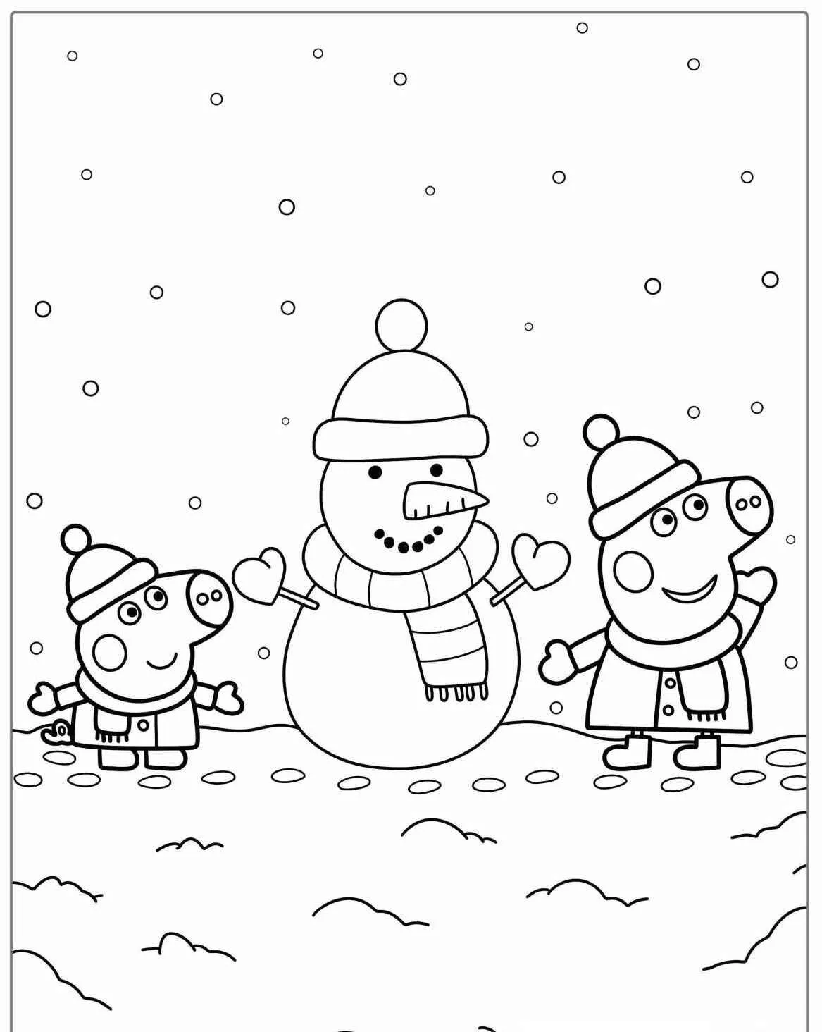 Desenho de Peppa Pig e George com Boneco de Neve para Colorir
