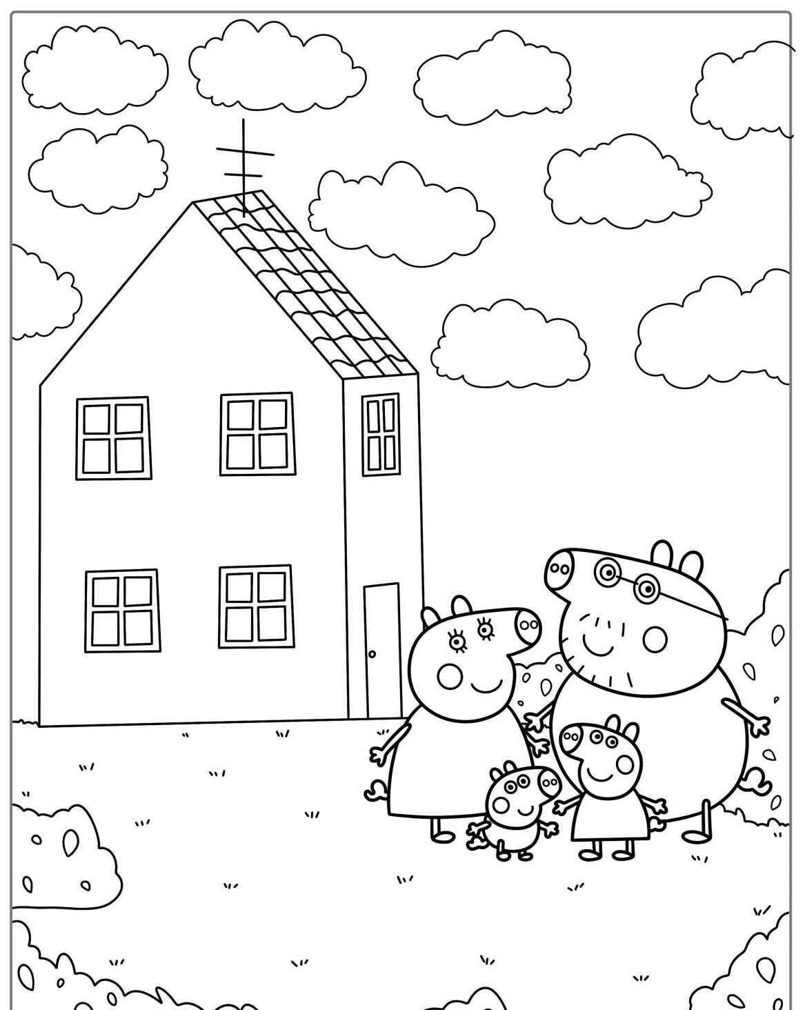 Desenho de Peppa Pig com a Família em Frente à Casa para Colorir