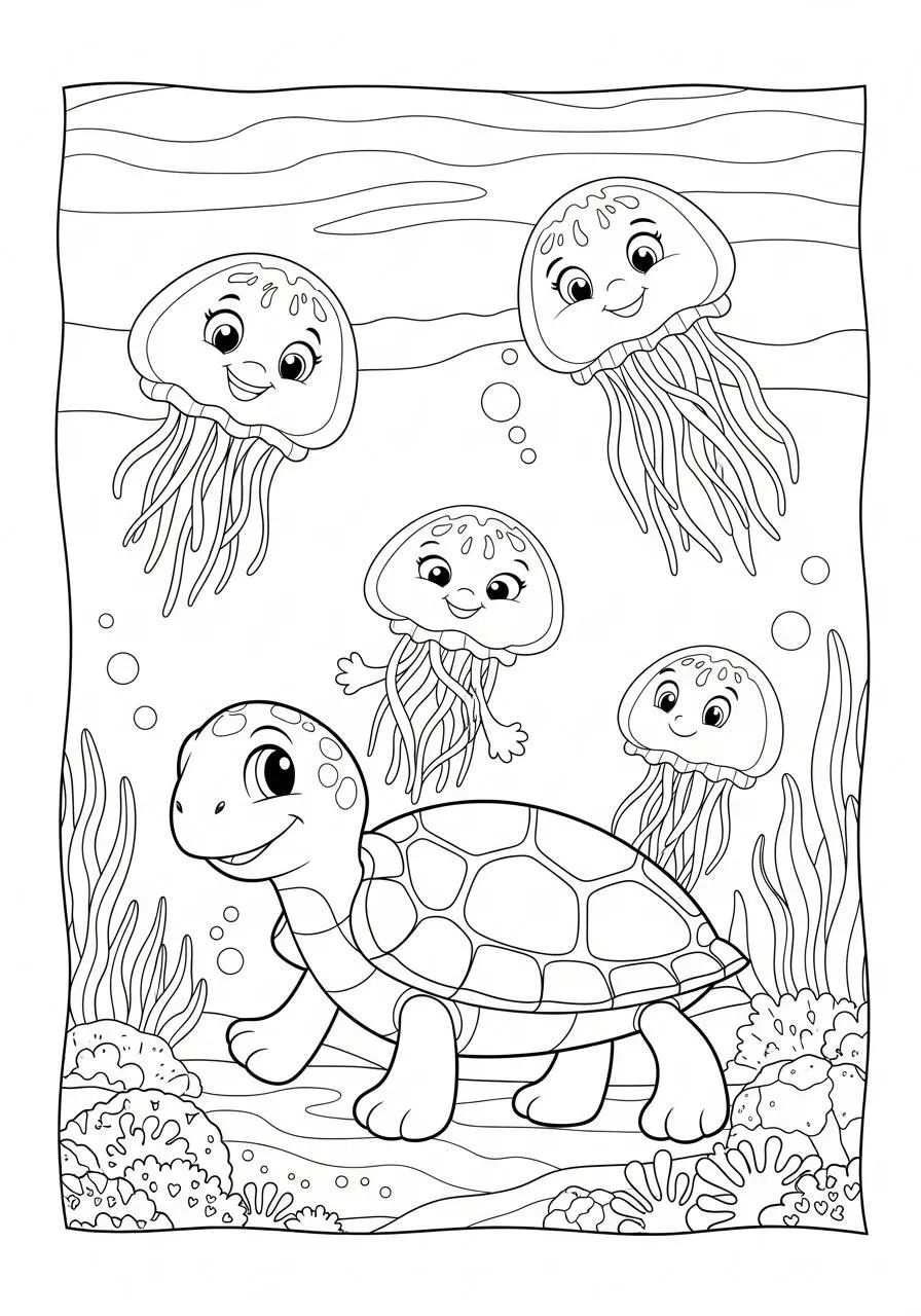 Desenho de Tartaruga com Medusas Amigáveis para Colorir