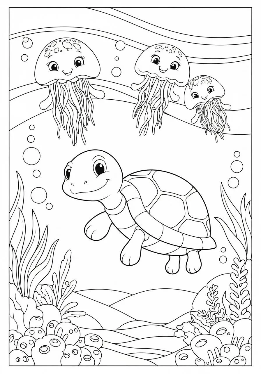 Desenho de Tartaruga a Nadar com Água vivas para Colorir