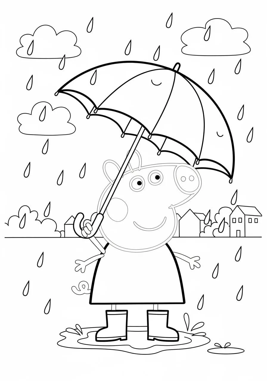 Desenho de Peppa Pig com Guarda Chuva na Chuva para Colorir