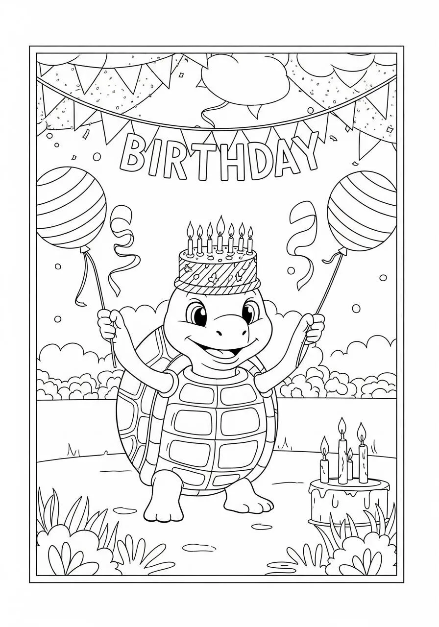 Desenho de Tartaruga Celebrando Aniversário para Colorir