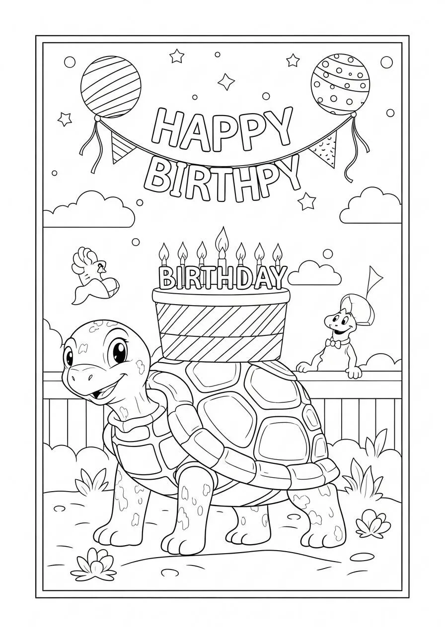 Desenho de Tartaruga com Bolo de Aniversário para Colorir