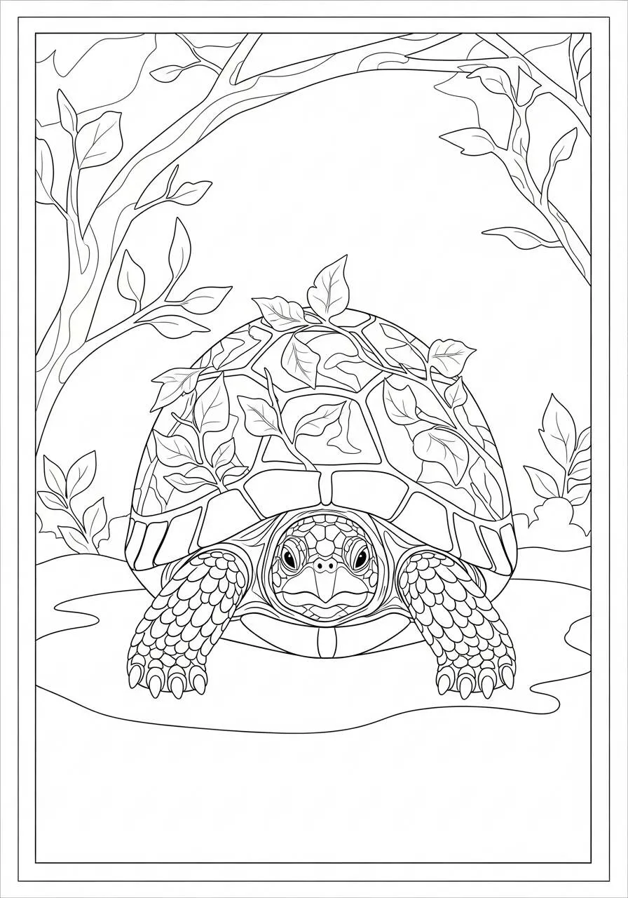 Desenho de Tartaruga com Folhagens para Colorir