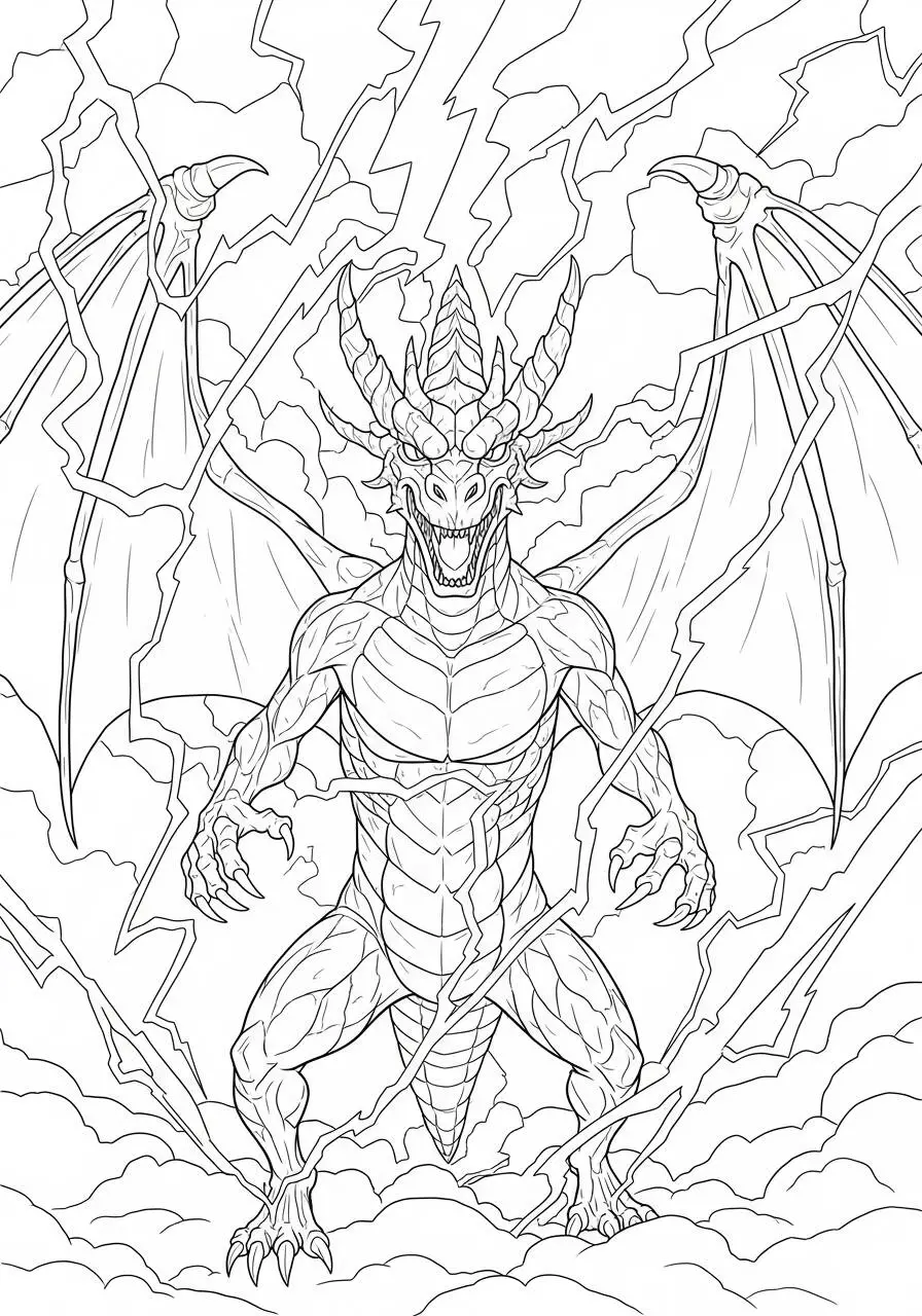 Desenho de Dragão Poderoso com Raios e Nuvens para Colorir