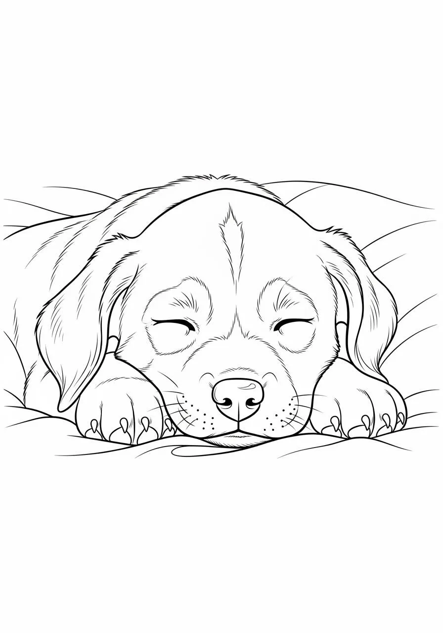 Desenho de Cachorrinho Dormindo em uma Cama Confortável para Colorir