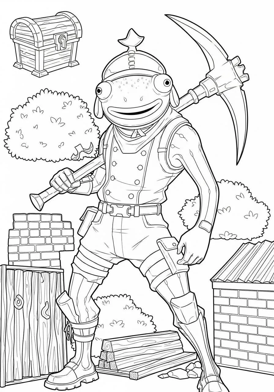 Desenho de Fortnite Peixe Guerreiro com Picareta para Colorir