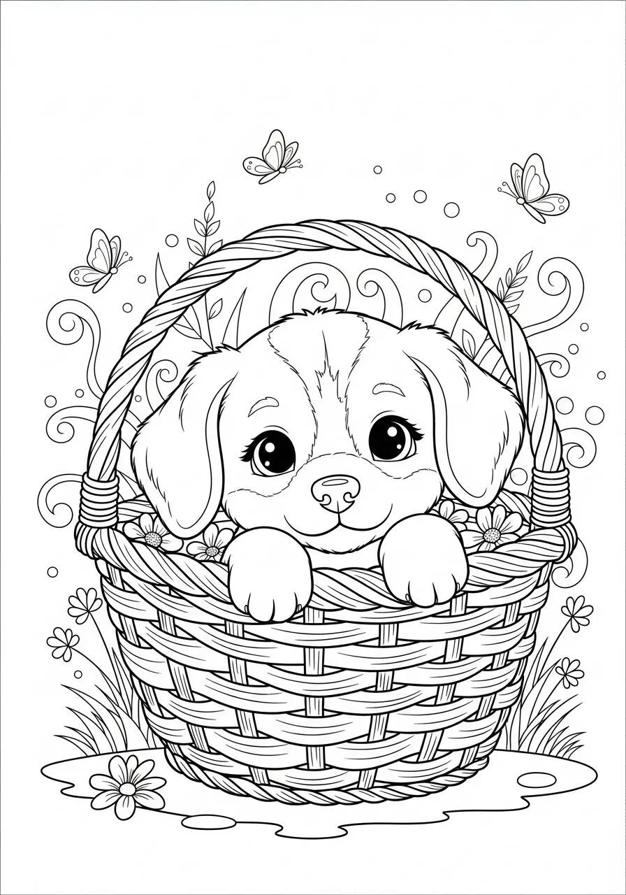 Desenho de Cachorrinho Fofo na Cesta para Colorir