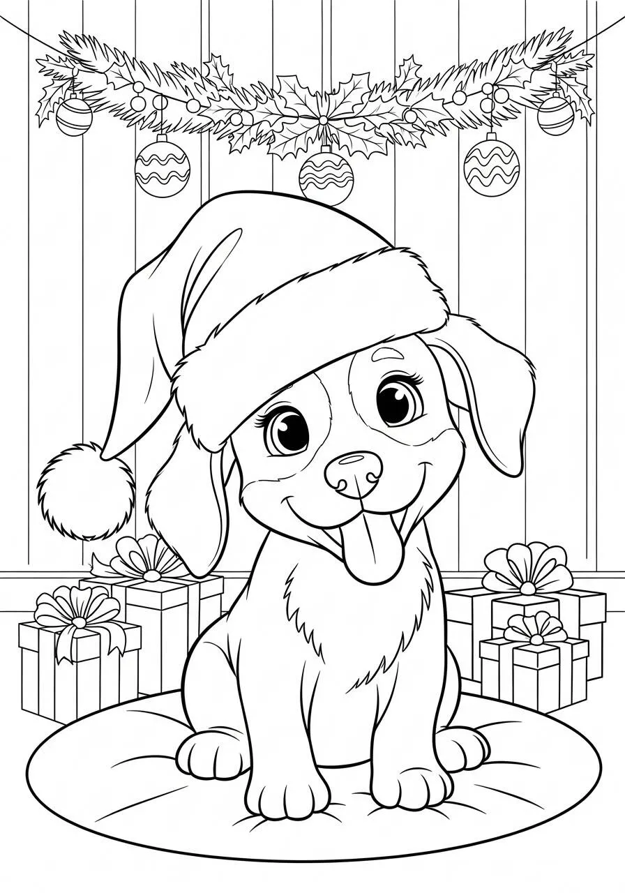 Desenho de Cachorrinho Natalino com Chapéu para Colorir