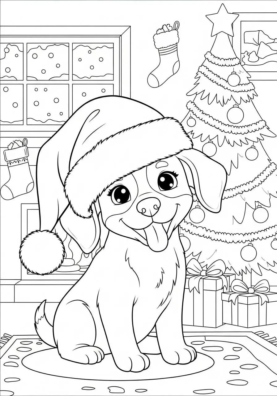 Desenho de Cachorrinho Natalino com Chapéu para Colorir