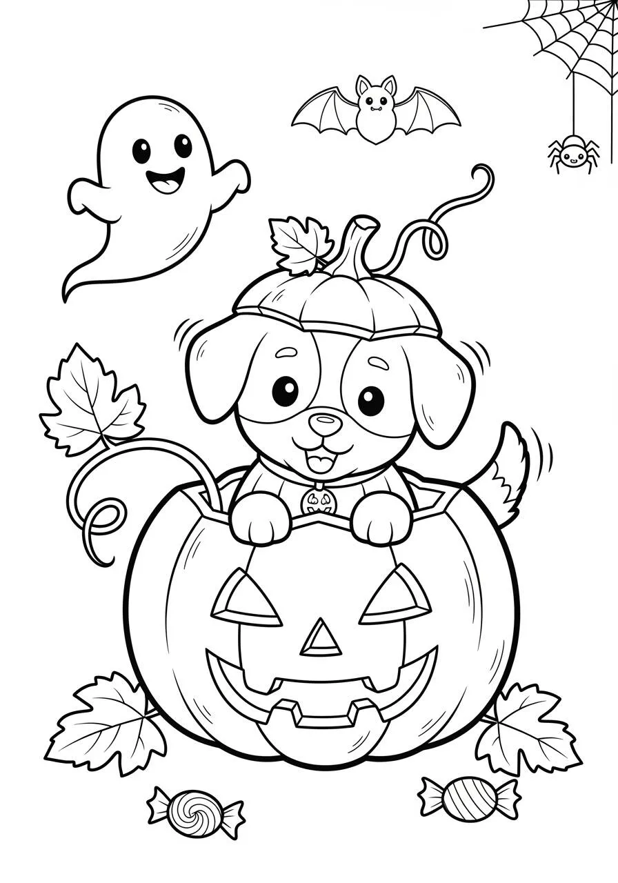 Desenho de Cachorrinho Fantasminha na Abóbora para Colorir