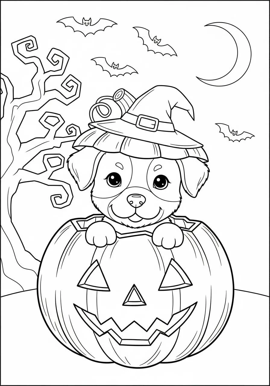 Desenho de Cachorrinho Fantasiado de Bruxa com Abóbora para Colorir