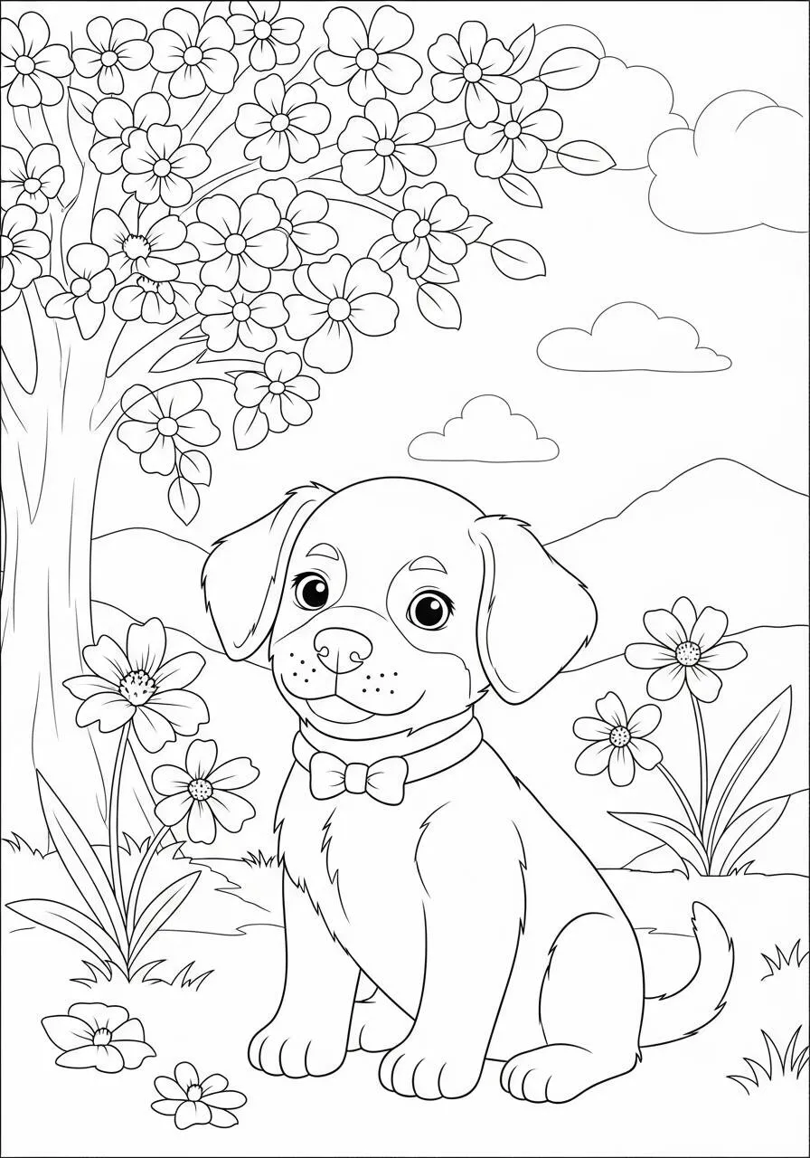 Desenho de Cachorrinho Fofo com Gravata Borboleta para Colorir