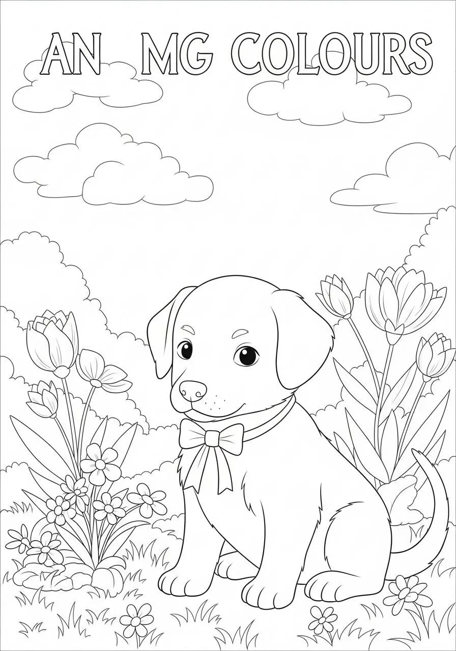 Desenho de Cachorrinho Sentado entre Flores para Colorir