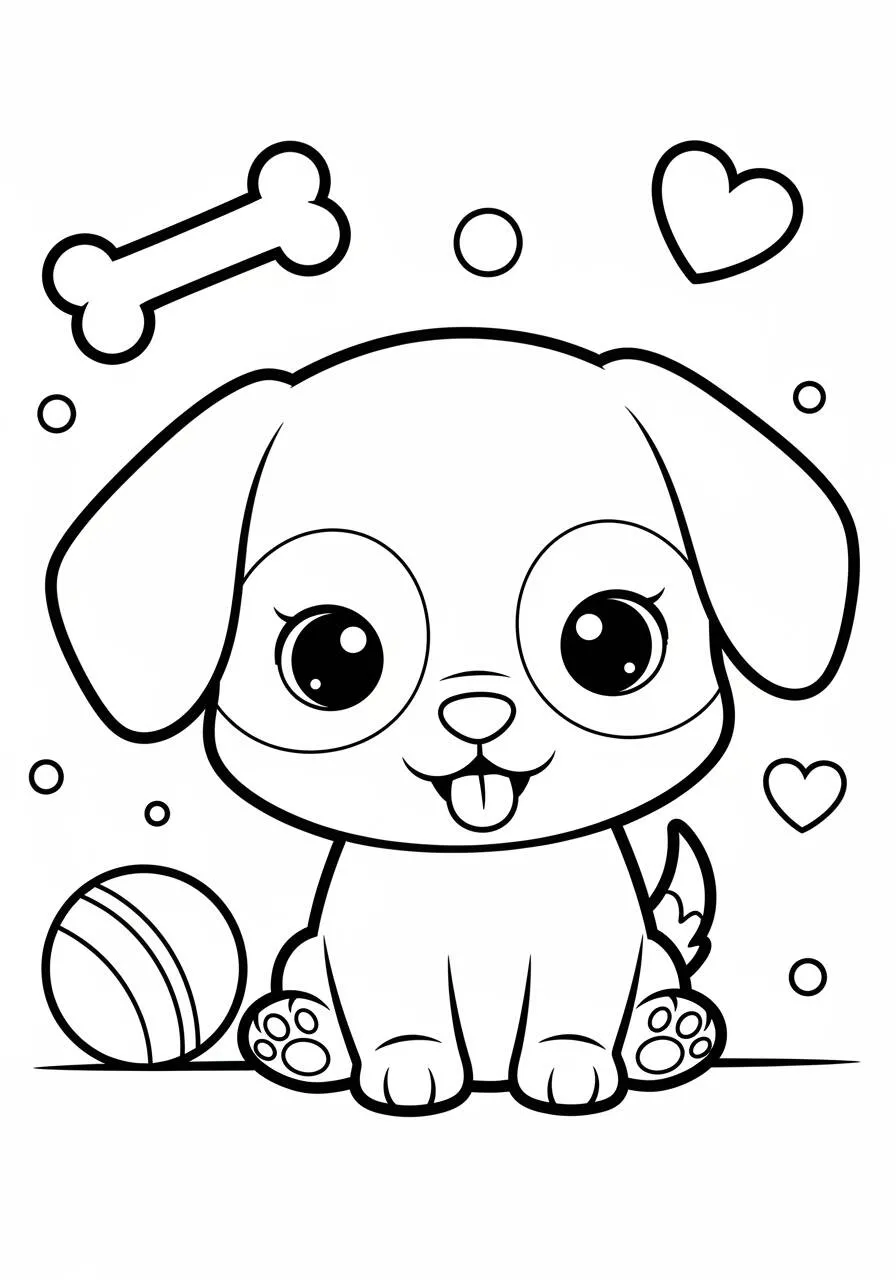 Desenho de Cachorrinho Fofo com Bola e Osso para Colorir