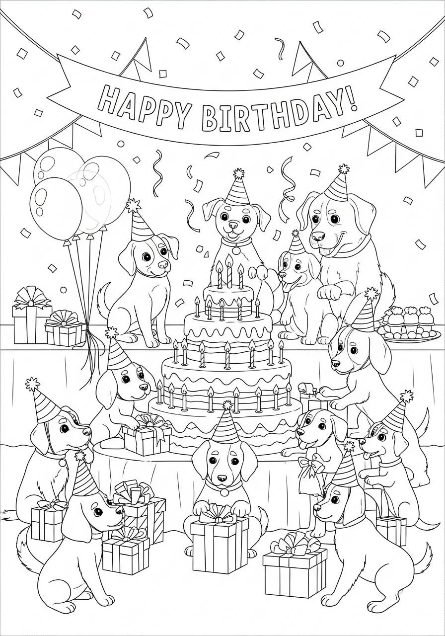 Desenho de Cachorrinho em Festa de Aniversário para Colorir
