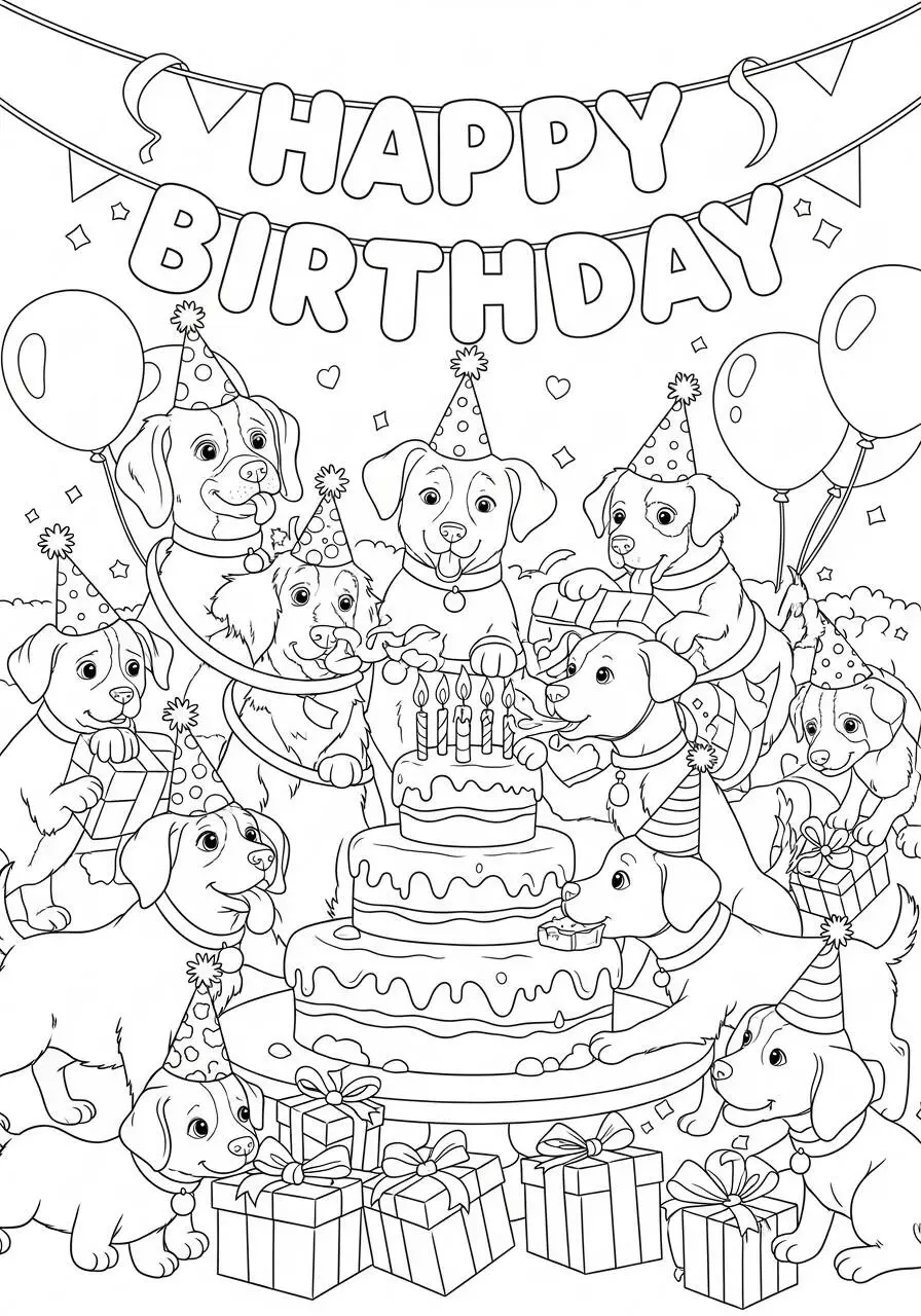 Cachorros celebrando cumpleaños Dibujo para colorear
