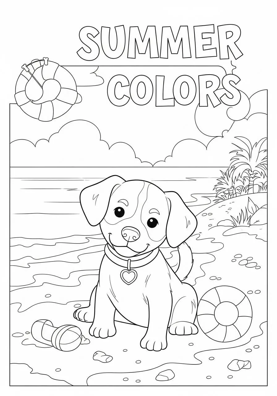 Dibujo para colorear de cachorro en la playa con conchas