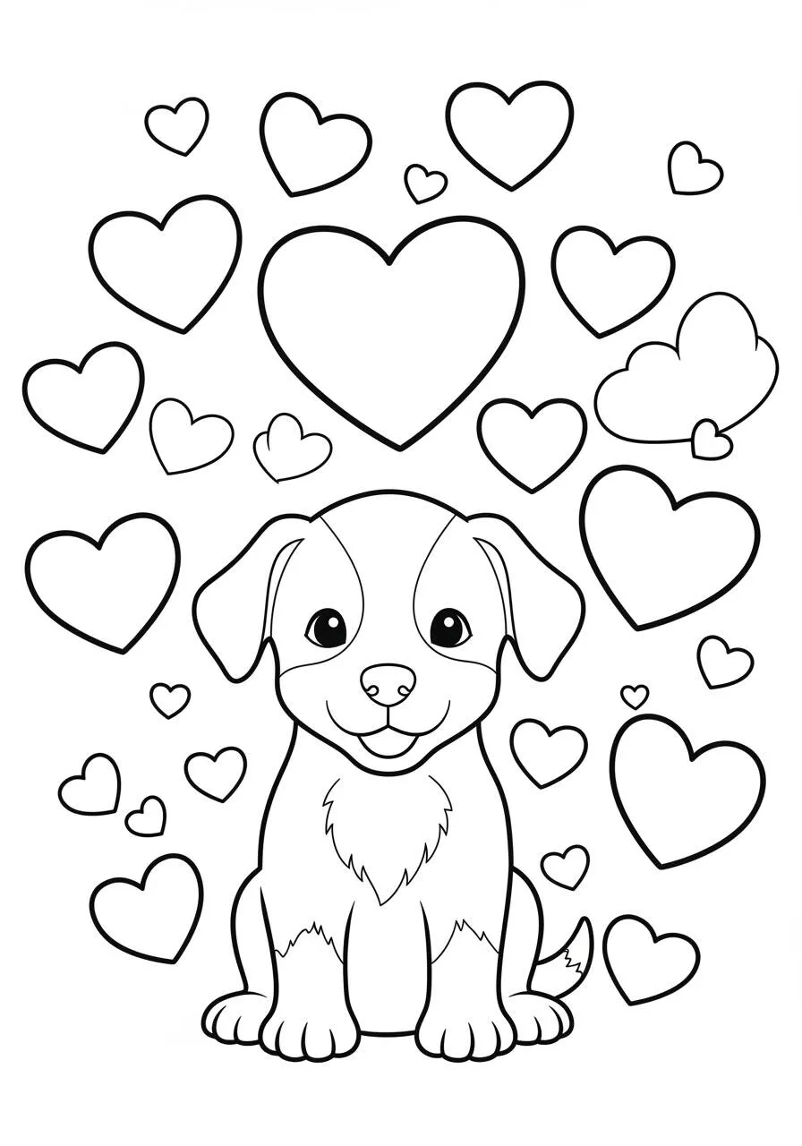 Desenho de Cachorrinho Fofo com Corações para Colorir
