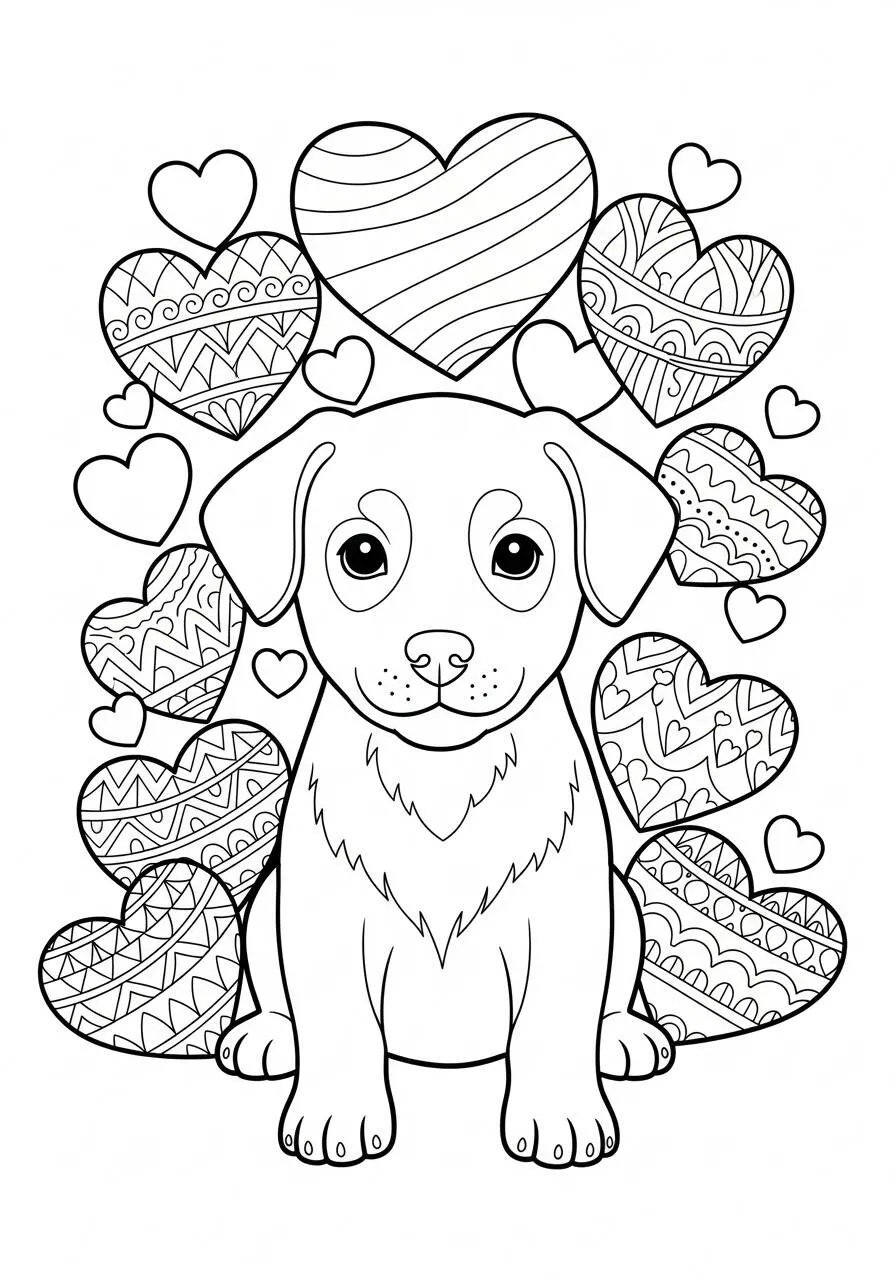 Desenho de Cachorrinho Fofo com Corações para Colorir