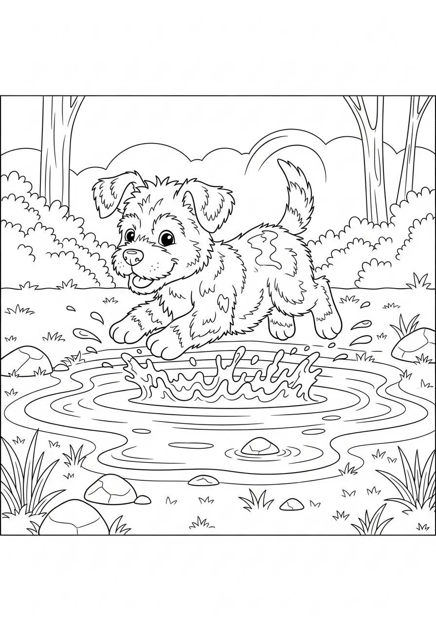 Desenho de Cachorrinho Brincando na Água para Colorir