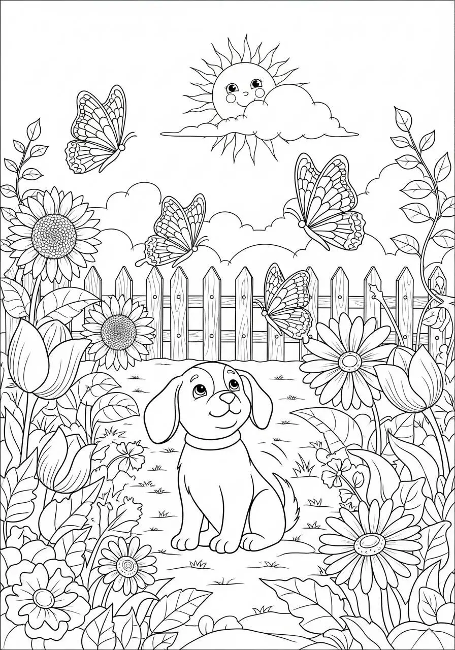 Desenho de Cachorrinho Feliz no Jardim com Flores para Colorir