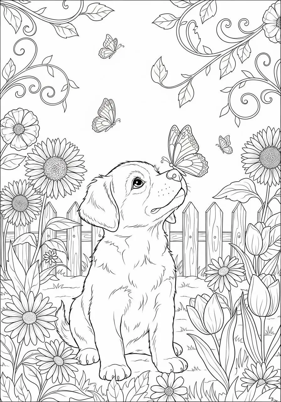 Cachorro mirando mariposas para colorear